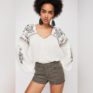 Free People Womens Embroidered V Neck Pullover Blouse